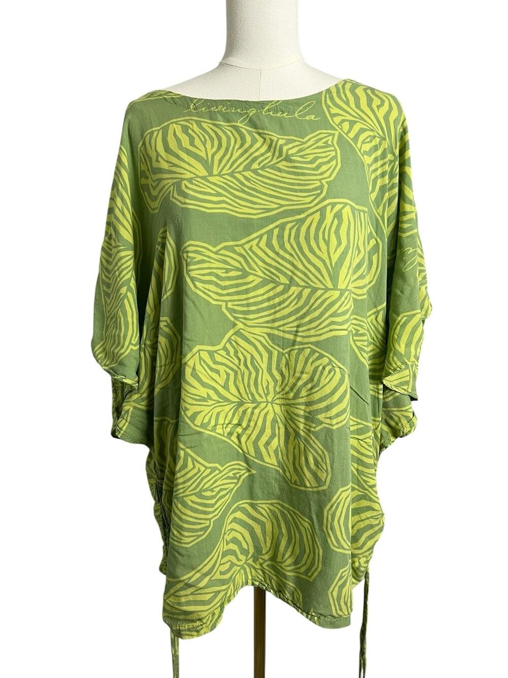 Living Hula Tunic Blouse Womens S/M Green Tropical Leaf Dolman Top Mini Dress